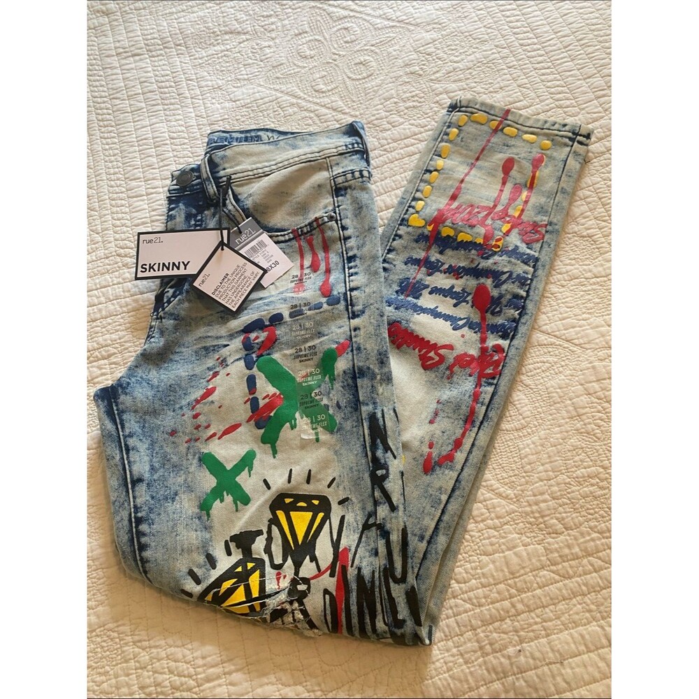 Rue21 Paint-Splatter COOL GRAFFITI Graphic Acid Wash SKINNY Jeans NWT Size 28x30 - Picture 11 of 13